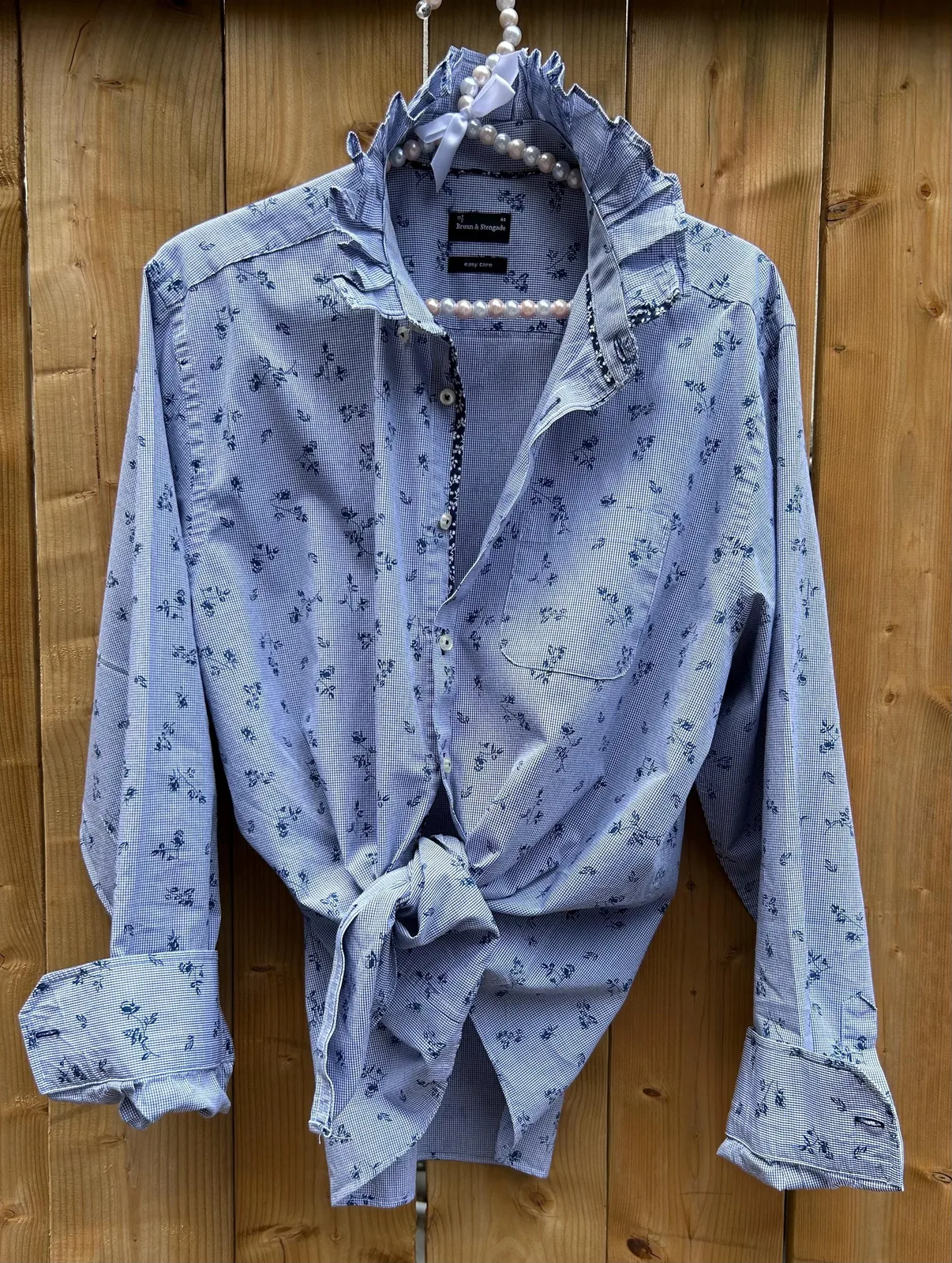 Navy and white floral shirt with a handmade ruffled collar