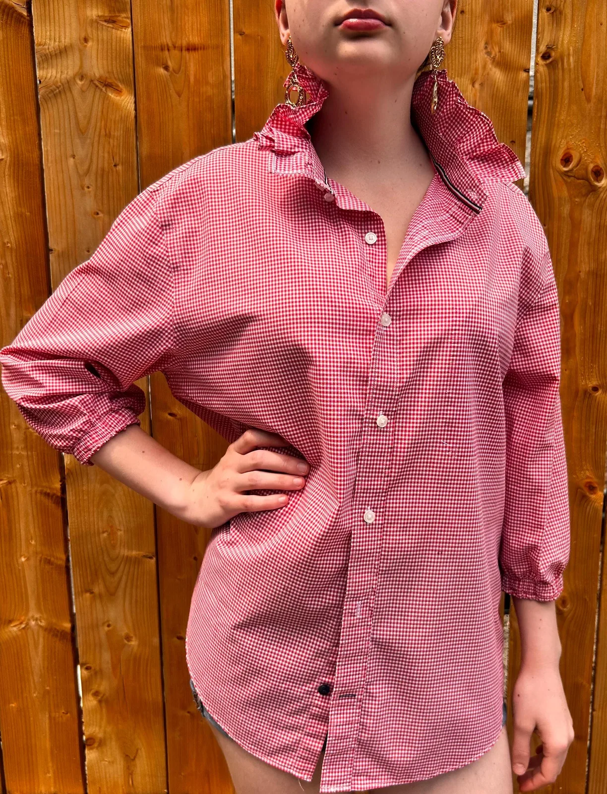 Red gingham shirt with statement ruffle collar